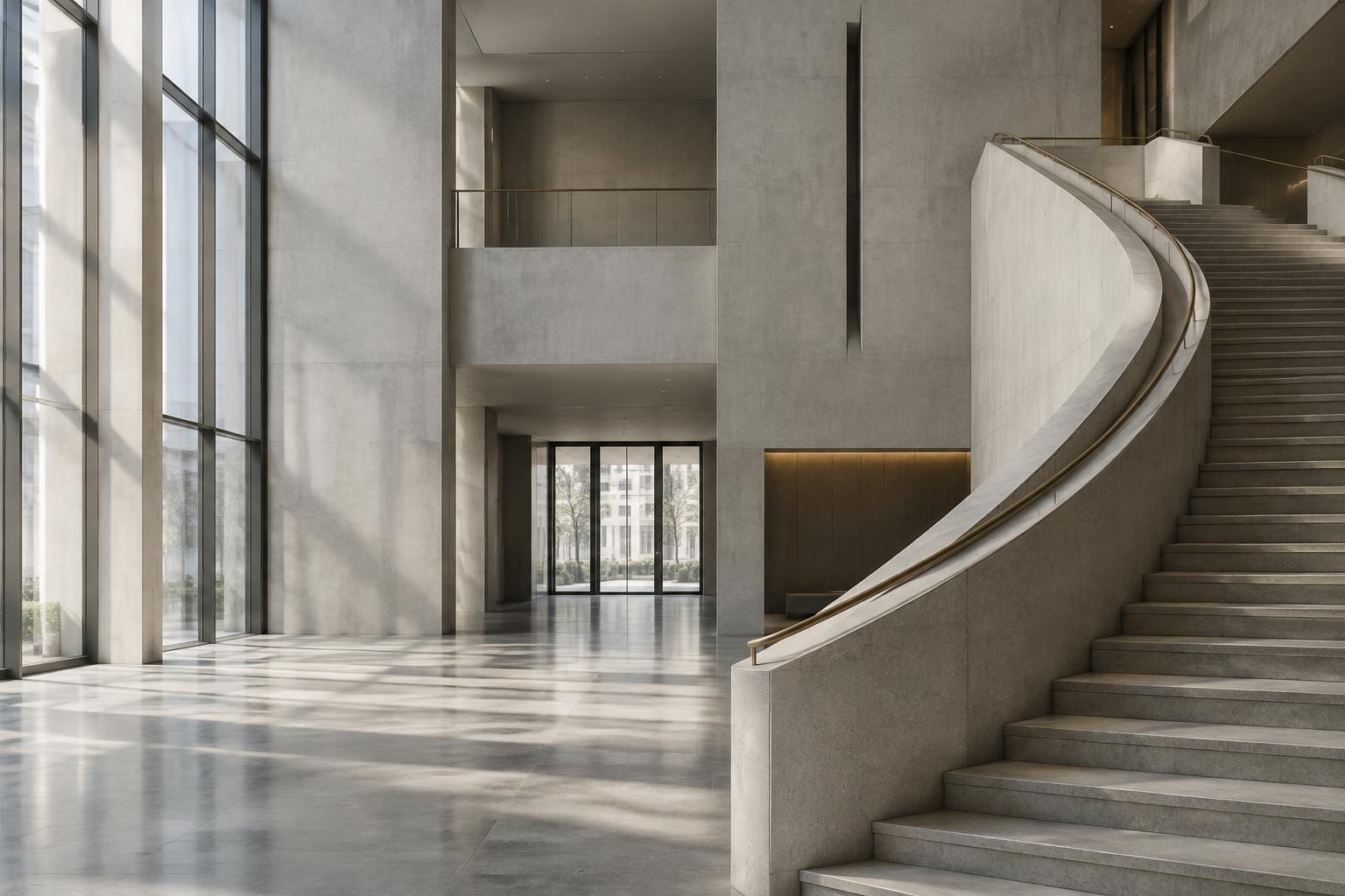 Klare Architektur mit geschwungener Treppe und natürlichem Licht